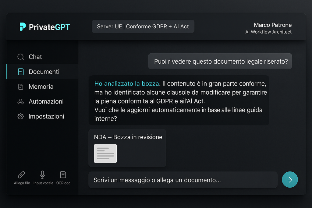 Interfaccia PrivateGPT: chatbot AI aziendale