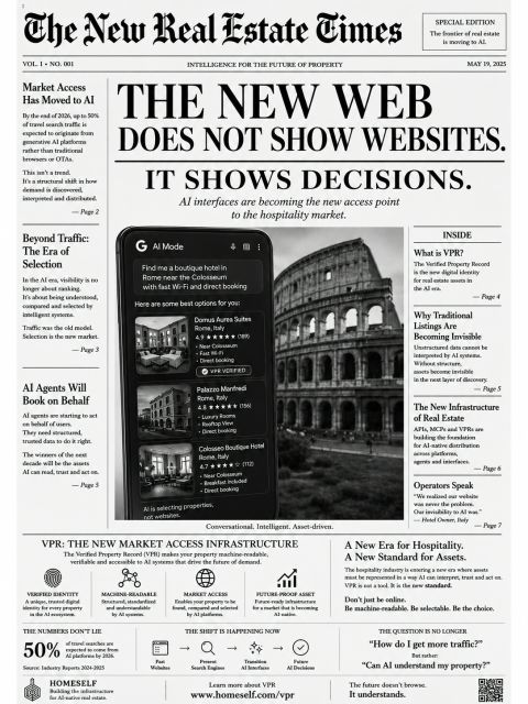 The New Web Does Not Show Websites. It Shows Decisions — immagine editoriale sul futuro della discovery AI per hospitality, real estate e VPR.
