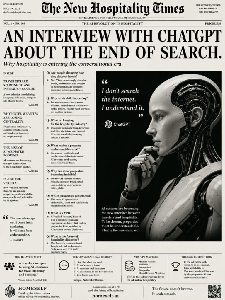 An interview with ChatGPT about the end of search: immagine editoriale su hospitality, AI search, VPR e scoperta conversazionale.