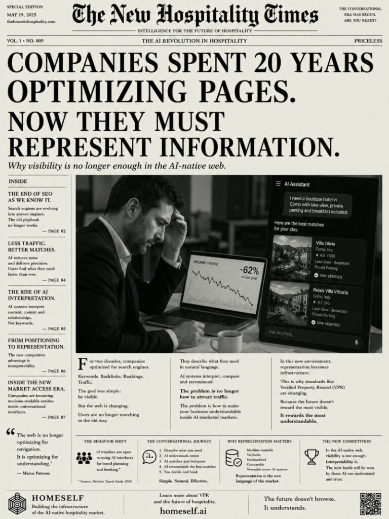 Companies spent 20 years optimizing pages. Now they must represent information: visual editoriale su AI, VPR, dati strutturati e nuova visibilità nel web AI-native.