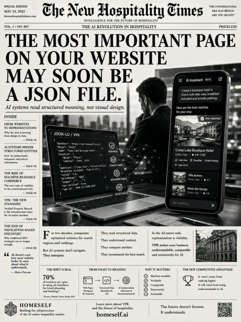 The most important page on your website may soon be a JSON file: visual editoriale su VPR, AI-readable data e il nuovo ruolo del Protocol Architect nel web interpretato dalle AI.